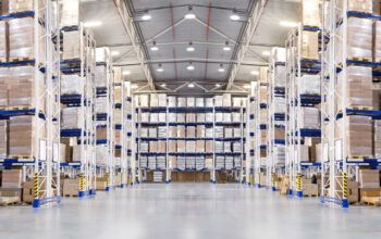 Huge,Distribution,Warehouse,With,High,Shelves,And,Forklift.,Bottom,View.